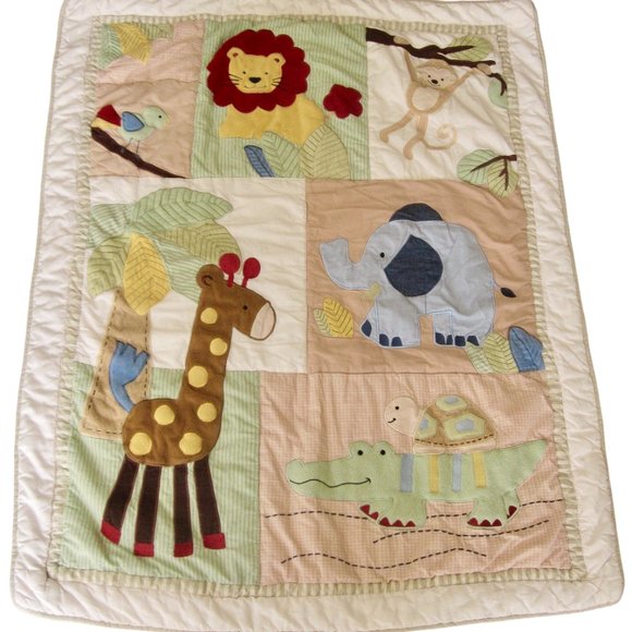 VTG Baby Quilt Crib Blanket Zoo Giraffe Lion Turtle Gator Giraffe Safari Jungle - Picture 1 of 9